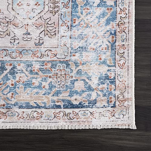 Bloom Rugs Caria Washable Non-Slip 3x5 Rug - Beige/Ocean Blue Traditional Area Rug for Living Room, Bedroom, Dining Room, and Kitchen - Exact Size: 3' x 5'