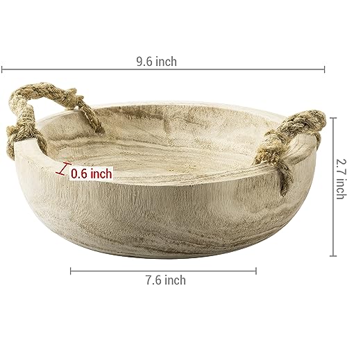 MyGift 9.6 inch Handmade Natural Paulownia Wood Fruit Bowl with Rope Handles, Decorative Round Serving Bowl Tabletop Home Décor