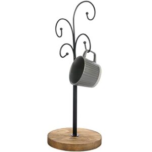 MyGift Black Metal Coffee Mug Holder for Counter, Mug Tree Stand with 4 Curved Hook Arms and Brown Wood Base