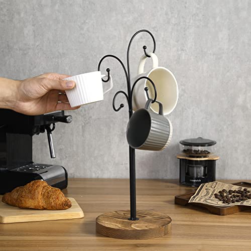 MyGift Black Metal Coffee Mug Holder for Counter, Mug Tree Stand with 4 Curved Hook Arms and Brown Wood Base