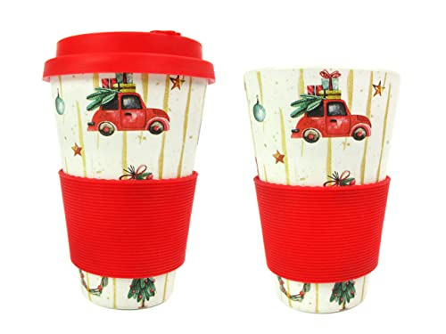 TINYMILLS Christmas Tree Red Vintage Truck Holiday 14oz Travel Mug - Eco-Friendly Reusable Plant Fiber Travel Mug Birthday Gift Stocking Stuffer Teacher Coach Gift