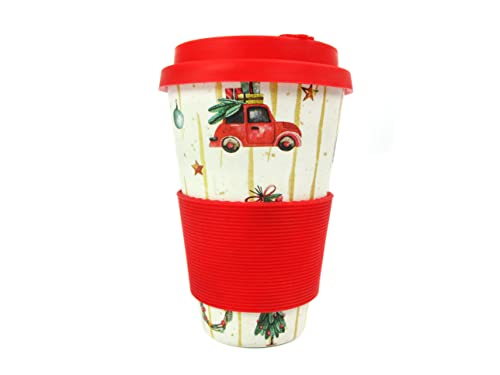 TINYMILLS Christmas Tree Red Vintage Truck Holiday 14oz Travel Mug - Eco-Friendly Reusable Plant Fiber Travel Mug Birthday Gift Stocking Stuffer Teacher Coach Gift