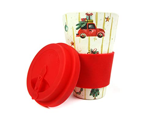 TINYMILLS Christmas Tree Red Vintage Truck Holiday 14oz Travel Mug - Eco-Friendly Reusable Plant Fiber Travel Mug Birthday Gift Stocking Stuffer Teacher Coach Gift