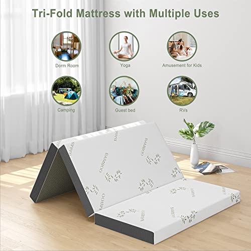 Folding Mattress Twin XL, TEQSLI Tri-Fold Gel Memory Foam Mattress Topper 4 Inch, Portable Mattress with Washable Bamboo Cover, Non-Slip Bottom, Breathable Mesh Sides for Traveling, Camping, Guest Bed