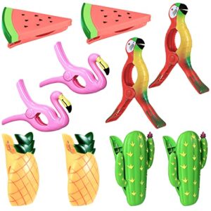 10 pieces beach towel clips chair holders portable towel holders flamingo cactus watermelon parrot clothes pins in fun bright colors for holiday beach lounge chairs patio pool clothes quilt blanket