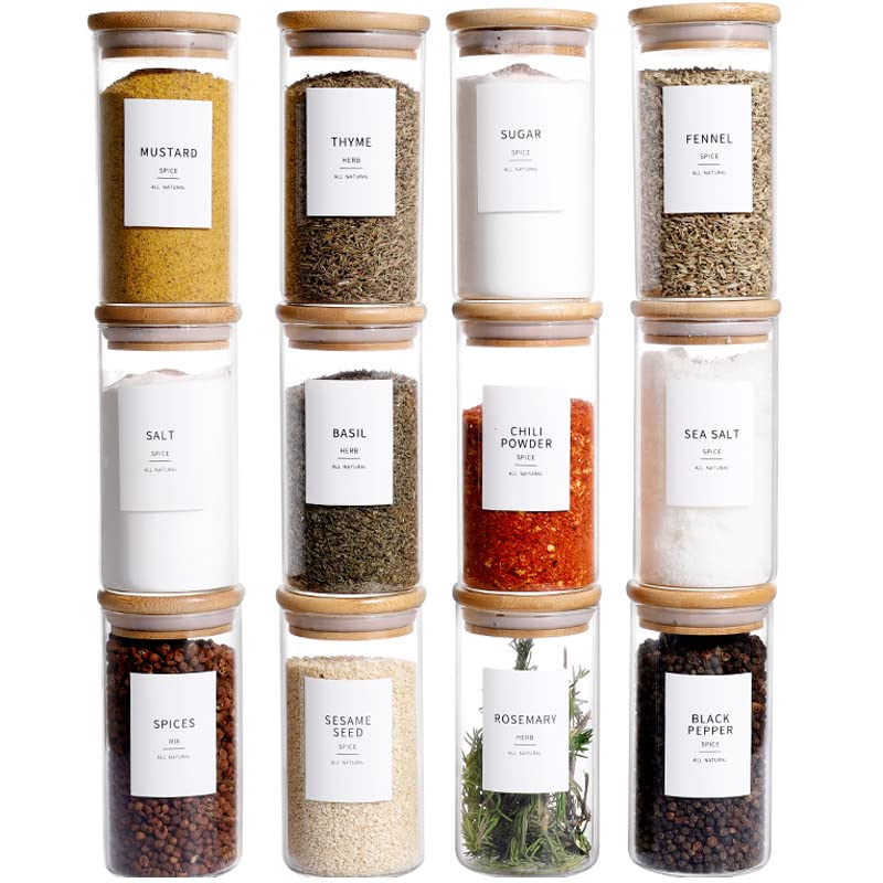 12 Pcs Glass Spice Jars With Bamboo Airtight Lids - 8oz Thicken(2.4mm) Spice Containers With 148 Minimalist Preprinted Waterproof Spice Labels - Kitchen Empty Small Storage Jars For Seasoning, Herb Storage and Organization