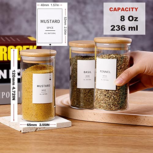 12 Pcs Glass Spice Jars With Bamboo Airtight Lids - 8oz Thicken(2.4mm) Spice Containers With 148 Minimalist Preprinted Waterproof Spice Labels - Kitchen Empty Small Storage Jars For Seasoning, Herb Storage and Organization