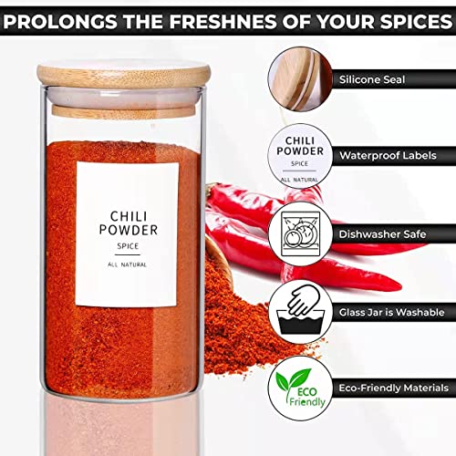 12 Pcs Glass Spice Jars With Bamboo Airtight Lids - 8oz Thicken(2.4mm) Spice Containers With 148 Minimalist Preprinted Waterproof Spice Labels - Kitchen Empty Small Storage Jars For Seasoning, Herb Storage and Organization