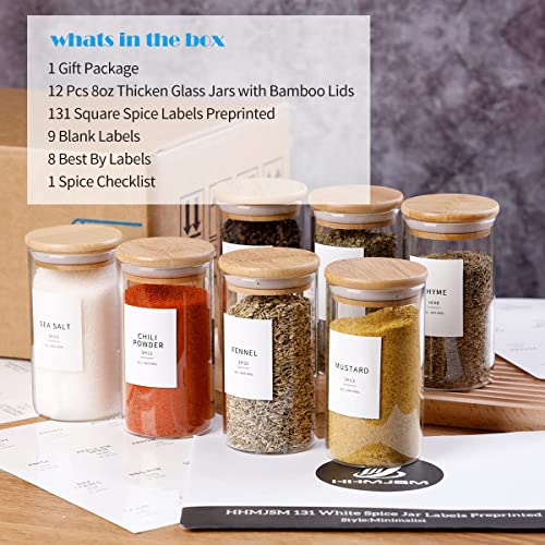 12 Pcs Glass Spice Jars With Bamboo Airtight Lids - 8oz Thicken(2.4mm) Spice Containers With 148 Minimalist Preprinted Waterproof Spice Labels - Kitchen Empty Small Storage Jars For Seasoning, Herb Storage and Organization