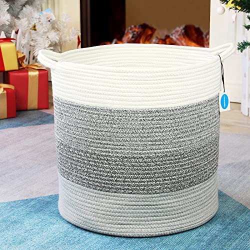 Casaphoria Cotton Rope Storage Basket for Organizing,Round Blanket Basket Living Room,Woven Laundry Basket with Handles for Bathroom Bedroom,Stripe Woven Cotton Laundry Hamper,Gradient Gray