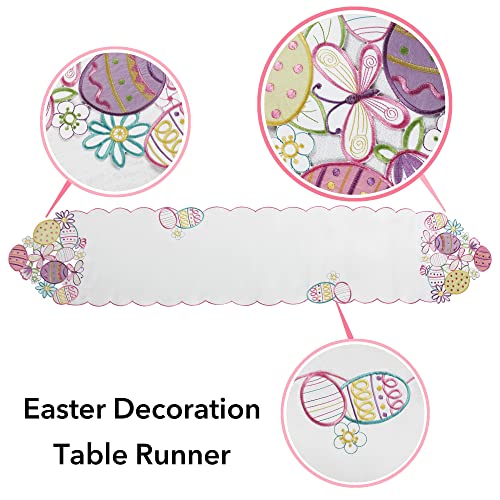 OWENIE Easter Table Runner, Embroidered and Cutwork Colorful Eggs Table Runner for Easter Holiday and Spring Season Table Decor, 13 x 70 Inch Cute Dresser Scarves