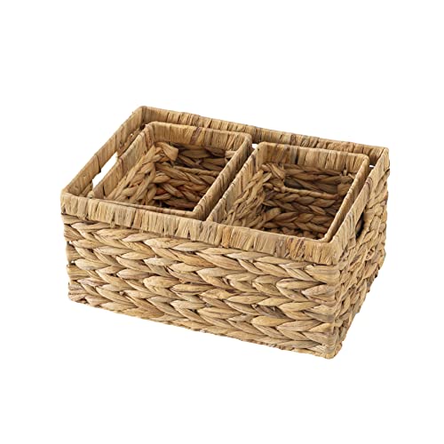 Woven Rectangle Baskets for Organizing Pantry, Kitchen, Mudroom: Rectangular Wicker Storage Produce Baskets with Handle - Little and Low Water Hyacinth Decorative Basket Set - Soul & Lane Brand