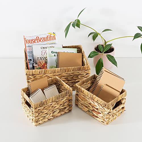 Woven Rectangle Baskets for Organizing Pantry, Kitchen, Mudroom: Rectangular Wicker Storage Produce Baskets with Handle - Little and Low Water Hyacinth Decorative Basket Set - Soul & Lane Brand