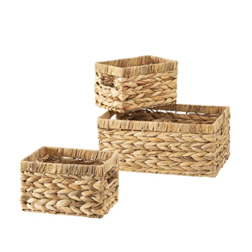 Woven Rectangle Baskets for Organizing Pantry, Kitchen, Mudroom: Rectangular Wicker Storage Produce Baskets with Handle - Little and Low Water Hyacinth Decorative Basket Set - Soul & Lane Brand