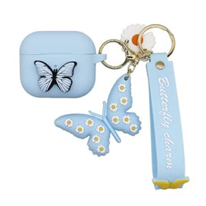 jeriwell compatible with airpods 3rd generation case cover soft silicone waterproof 3d butterfly with keychain for airpods 3 charging case 2021 for women girls (light blue)