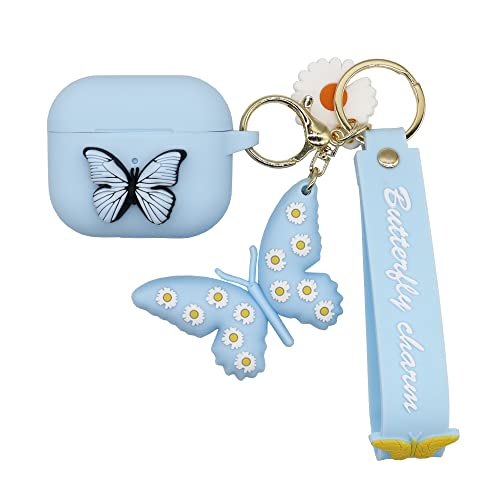 Jeriwell Compatible with AirPods 3rd Generation Case Cover Soft Silicone Waterproof 3D Butterfly with Keychain for Airpods 3 Charging Case 2021 for Women Girls (Light Blue)