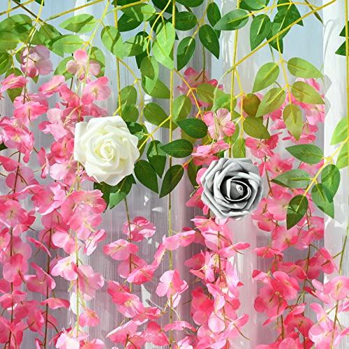 Mandy's 12pack Hot Pink Flowers Flowers Artificial Silk Wisteria Vine Ratta Hanging Fake Plants 43” for Home Party Wedding Decorations