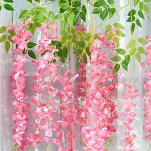 Mandy's 12pack Hot Pink Flowers Flowers Artificial Silk Wisteria Vine Ratta Hanging Fake Plants 43” for Home Party Wedding Decorations