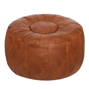 thgonwid unstuffed handmade moroccan round pouf foot stool ottoman seat faux leather large storage bean bag floor chair foot rest for living room, bedroom or wedding gifts (light brown)