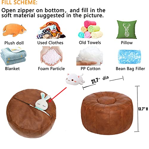 Thgonwid Unstuffed Handmade Moroccan Round Pouf Foot Stool Ottoman Seat Faux Leather Large Storage Bean Bag Floor Chair Foot Rest for Living Room, Bedroom or Wedding Gifts (Light Brown)