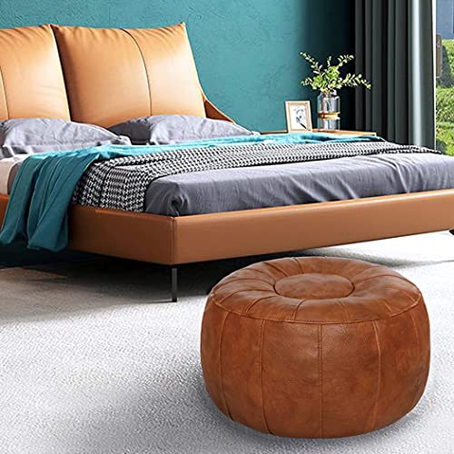 Thgonwid Unstuffed Handmade Moroccan Round Pouf Foot Stool Ottoman Seat Faux Leather Large Storage Bean Bag Floor Chair Foot Rest for Living Room, Bedroom or Wedding Gifts (Light Brown)
