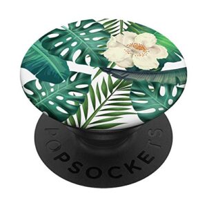 tropical green palm tree leaves with white flowers pattern popsockets swappable popgrip