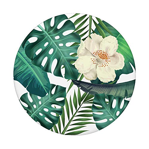 Tropical Green Palm Tree Leaves with White Flowers Pattern PopSockets Swappable PopGrip