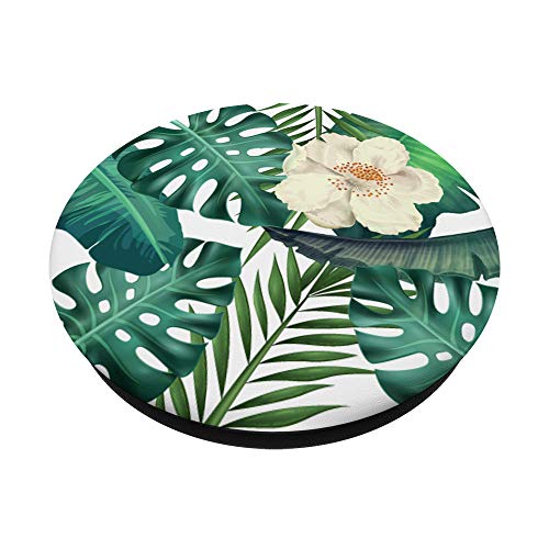 Tropical Green Palm Tree Leaves with White Flowers Pattern PopSockets Swappable PopGrip