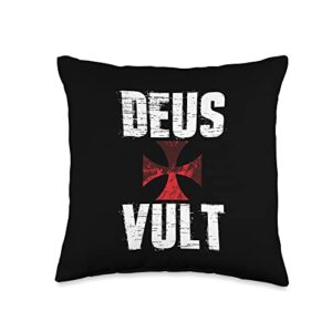 deus vult crusader templar knight designs deus vult-catholic crusader templar knight-blood cross throw pillow, 16x16, multicolor