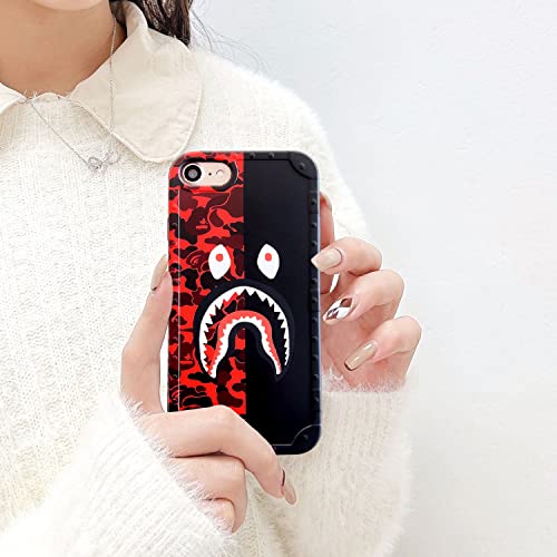 Itsfaxinke Red Black Phone Case for iPhone SE 2020 Teen Kid Boy Girl, Nonslip Slim Cool Fun Funny Design iPhone 7 iPhone 8 Cover, Fashion Cartoon Protective Soft iPhone SE3 2022 Case (RBshark)