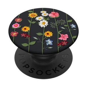 black wildflowers floral flower pattern phone popper popsockets standard popgrip