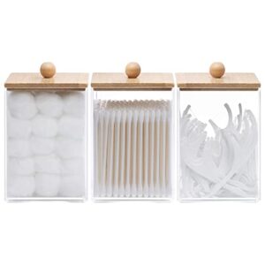tbestmax 3 pack square qtip holder - 12 oz bathroom organizers and storage containers, plastic apothecary jars with bamboo lids for cotton ball, cotton swab, floss