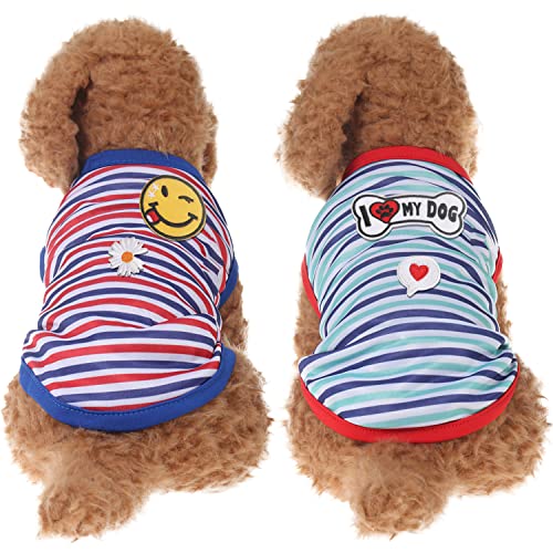 Yunison Dog Shirts with DIY Embroidery Velcro - 2pc Stripe Shirt&4 pc DIY Embroidery Velcro for Puppy or Kitty Clothes, for Daily Wearing or Pet Gift