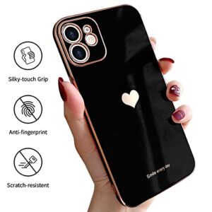 Teageo Compatible with iPhone 12 Case for Women Girl Cute Love-Heart Luxury Bling Plating Soft Back Cover Raised Full Camera Protection Bumper Silicone Shockproof Phone Case for iPhone 12, Black