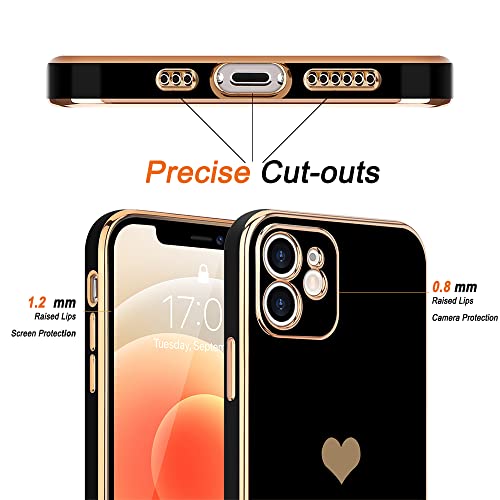 Teageo Compatible with iPhone 12 Case for Women Girl Cute Love-Heart Luxury Bling Plating Soft Back Cover Raised Full Camera Protection Bumper Silicone Shockproof Phone Case for iPhone 12, Black
