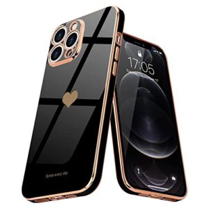 teageo for iphone 12 pro max case for women girl cute love-heart luxury bling plating soft back cover raised camera protection bumper silicone shockproof phone case for iphone 12 pro max, black