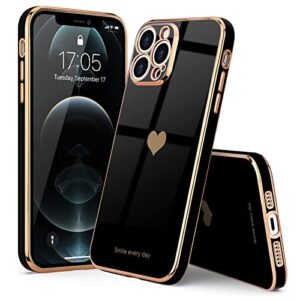 Teageo for iPhone 12 Pro Max Case for Women Girl Cute Love-Heart Luxury Bling Plating Soft Back Cover Raised Camera Protection Bumper Silicone Shockproof Phone Case for iPhone 12 Pro Max, Black