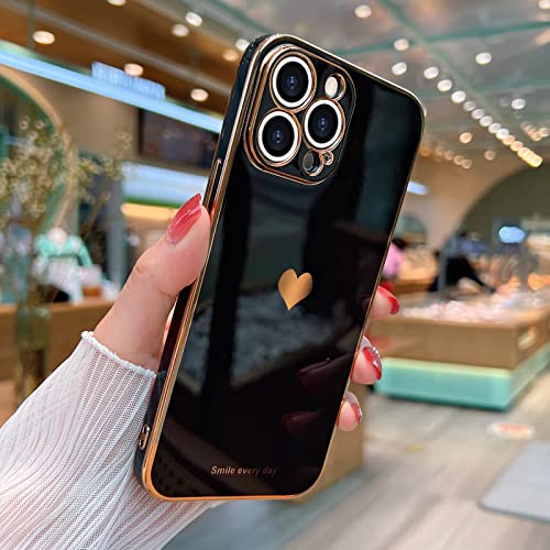 Teageo for iPhone 12 Pro Max Case for Women Girl Cute Love-Heart Luxury Bling Plating Soft Back Cover Raised Camera Protection Bumper Silicone Shockproof Phone Case for iPhone 12 Pro Max, Black