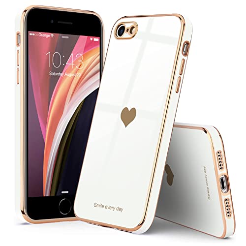 Teageo Case for iPhone SE 2022, SE 2020, iPhone 7 / 8, Phone Case for Women Girl Cute Love-Heart Luxury Bling Plating Soft Back Cover Camera Protection Bumper Silicone Shockproof Case, White