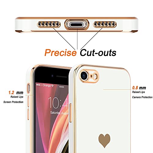 Teageo Case for iPhone SE 2022, SE 2020, iPhone 7 / 8, Phone Case for Women Girl Cute Love-Heart Luxury Bling Plating Soft Back Cover Camera Protection Bumper Silicone Shockproof Case, White