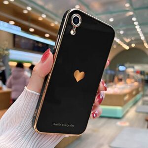 Teageo Compatible with iPhone Xr Case for Women Girl Cute Love-Heart Luxury Bling Plating Soft Back Cover Raised Full Camera Protection Bumper Silicone Shockproof Phone Case for iPhone Xr, Black