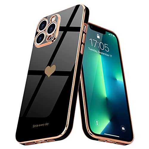 Teageo for iPhone 13 Pro Case for Women Girl Cute Love-Heart Luxury Bling Plating Soft Back Cover Raised Full Camera Protection Bumper Silicone Shockproof Phone Case for iPhone 13 Pro, Black