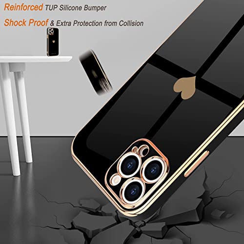 Teageo for iPhone 13 Pro Case for Women Girl Cute Love-Heart Luxury Bling Plating Soft Back Cover Raised Full Camera Protection Bumper Silicone Shockproof Phone Case for iPhone 13 Pro, Black