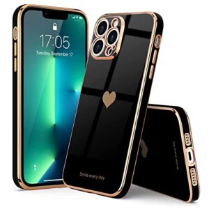 Teageo for iPhone 13 Pro Case for Women Girl Cute Love-Heart Luxury Bling Plating Soft Back Cover Raised Full Camera Protection Bumper Silicone Shockproof Phone Case for iPhone 13 Pro, Black