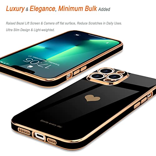 Teageo for iPhone 13 Pro Case for Women Girl Cute Love-Heart Luxury Bling Plating Soft Back Cover Raised Full Camera Protection Bumper Silicone Shockproof Phone Case for iPhone 13 Pro, Black