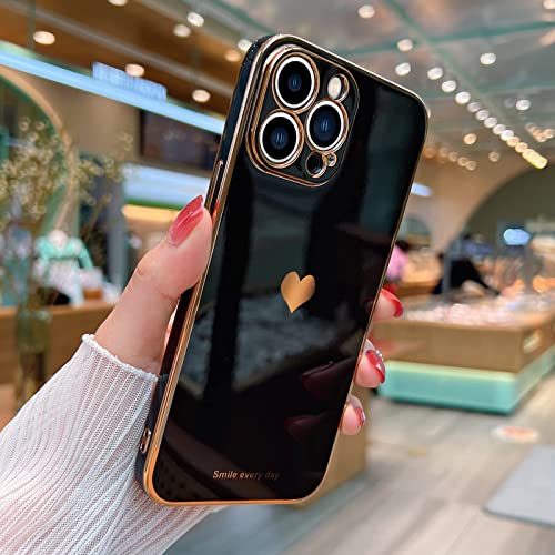 Teageo for iPhone 13 Pro Case for Women Girl Cute Love-Heart Luxury Bling Plating Soft Back Cover Raised Full Camera Protection Bumper Silicone Shockproof Phone Case for iPhone 13 Pro, Black