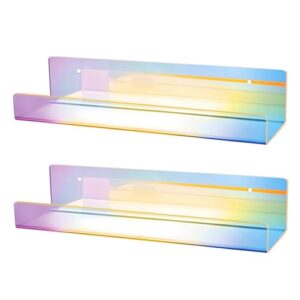 NatldGs 2 Pcs Iridescent Acrylic Floating Shelves, 15.7Inch Rainbow Acrylic Shelves/Bookshelf for Bedroom, Bathroom or Living Room Decor (Wall Mounted)…