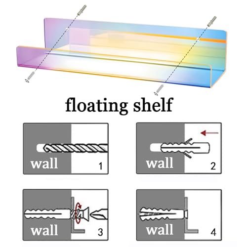 NatldGs 2 Pcs Iridescent Acrylic Floating Shelves, 15.7Inch Rainbow Acrylic Shelves/Bookshelf for Bedroom, Bathroom or Living Room Decor (Wall Mounted)…