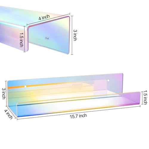 NatldGs 2 Pcs Iridescent Acrylic Floating Shelves, 15.7Inch Rainbow Acrylic Shelves/Bookshelf for Bedroom, Bathroom or Living Room Decor (Wall Mounted)…