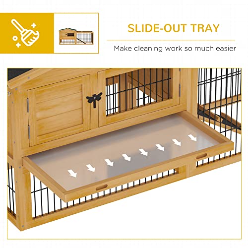 PawHut 2 Levels Outdoor Rabbit Hutch with Openable Top, 59" Wooden Large Rabbit Cage with Run Weatherproof Roof, Removable Tray, Ramp, Yellow